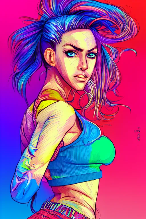 Image similar to a award winning half body portrait of a beautiful woman with stunning eyes in a printed croptop and cargo pants with rainbow colored ombre hairstyle head in motion and hair flying by josan gonzales, outrun, vaporware, shaded flat illustration, digital art, trending on artstation, highly detailed, fine detail, intricate