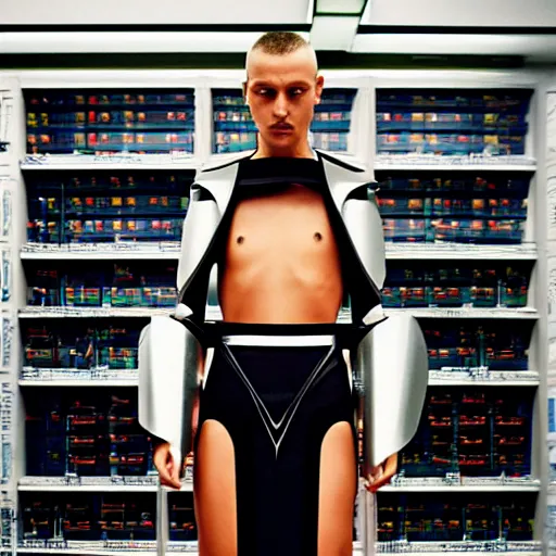 Prompt: a paladin wearing issey miyake armor in a computer shop, portrait, fashion photography, by mario testino, davide sorrenti, jemal shabazz