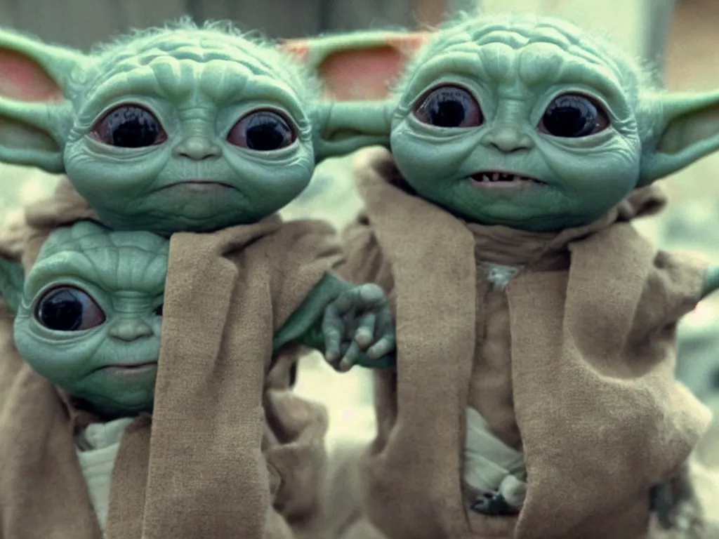 Image similar to cute baby yoda holding even cuter tiny embryo yoda, movie still from guardians of the galaxy