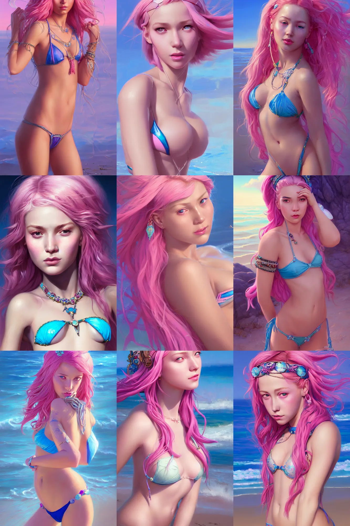 Prompt: masterpiece portrait of a beautiful girl with pink hair with boho accessories, in bluereflective bikini at beach, symmetry face, top lighting, league of legend sona, art by charlie bowater, james jean, gil elvgren, ilya kuvshinov, cryengine, 8 k realistic hyper detailed, digital painting, artstation, concept art, ray tracing, realistic shaded