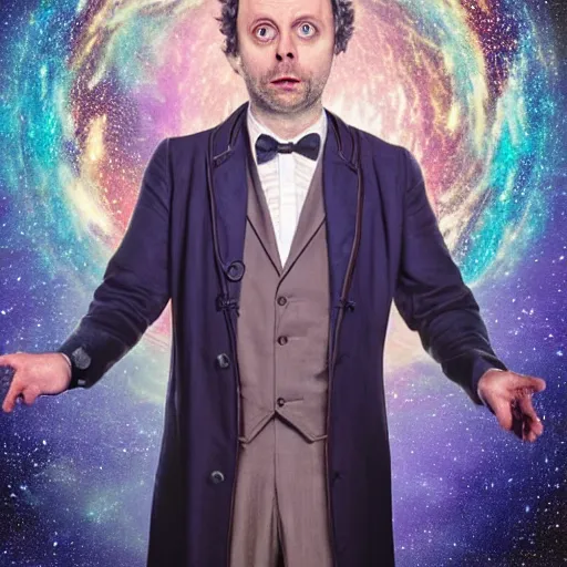 Image similar to a full body photograph of michael sheen as'doctor who ', time vortex in the background, detailed face, symmetrical face, extreme realism and detail, 8 k, completely framed, direct lighting, 3 5 mm photo, photorealistic, sharp focus