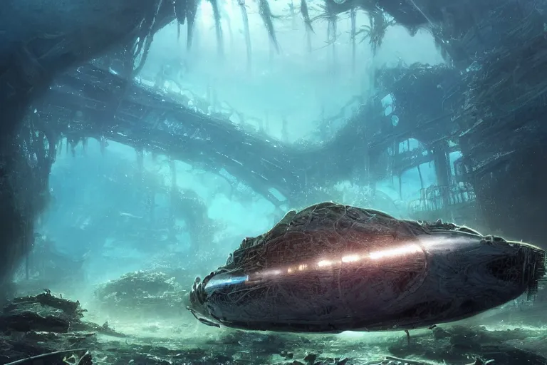 Image similar to an epic landscape view of a submersible with a shining headlight exploring the ruins of underwater manhattan, with seaweed, fish, painted by tyler edlin, wide angle, atmospheric, volumetric lighting, cinematic, very realistic, sharp, highly detailed digital art