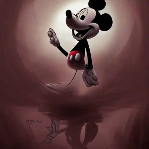 Image similar to mickey mouse shying away, idly and [ visibly afraid ]!!!, [ horror game ], [ digital art ]!!, dark fantasy art style, 4 k quality