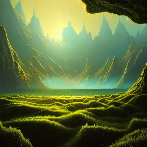 Image similar to A beautiful hyper realistic detailed matte painting of a microscopic world of algae with ridges similar to mountains with billions of glowing micro trees emitting a read and teal color by John Howe and Albert Bierstadt and Alena Aenami and dan mumford and dave noton, unreal engine, trending on behance