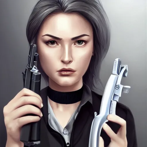 Image similar to a megan wearing a business, she has grey hair and is holding a revolver, digital painting, smooth, hd, realist, artstation, deviantart