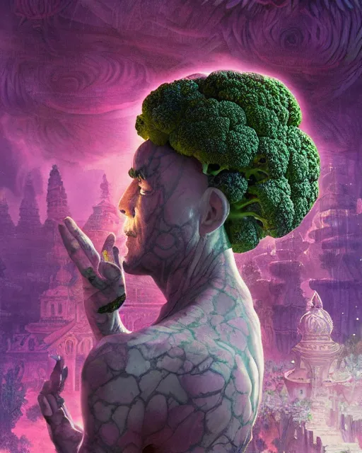 Image similar to detailed photo of meditating broccoli monk, beautiful, 8 k, by tristan eaton, stanley artgermm, tom bagshaw, greg rutkowski, carne griffiths, trending on deviantart, hyper detailed, glorious lighting, epic environment