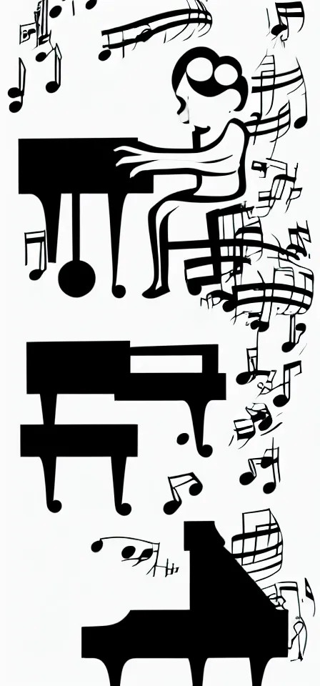 Image similar to fine line vector illustration of a very tiny white line pianist, blank black background, no detail, simple art,