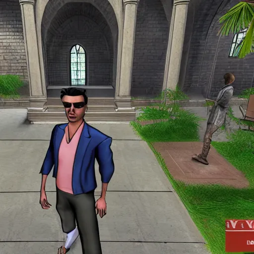 Image similar to tommy vercetti in hogwarts, in style of gta vice city