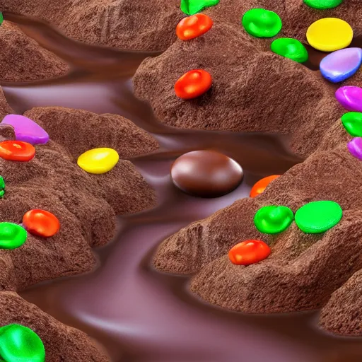 Image similar to chocolate river, flowing off a candy Mountain into a chocolate ocean, lush with gumdrop trees, high detail, 4k