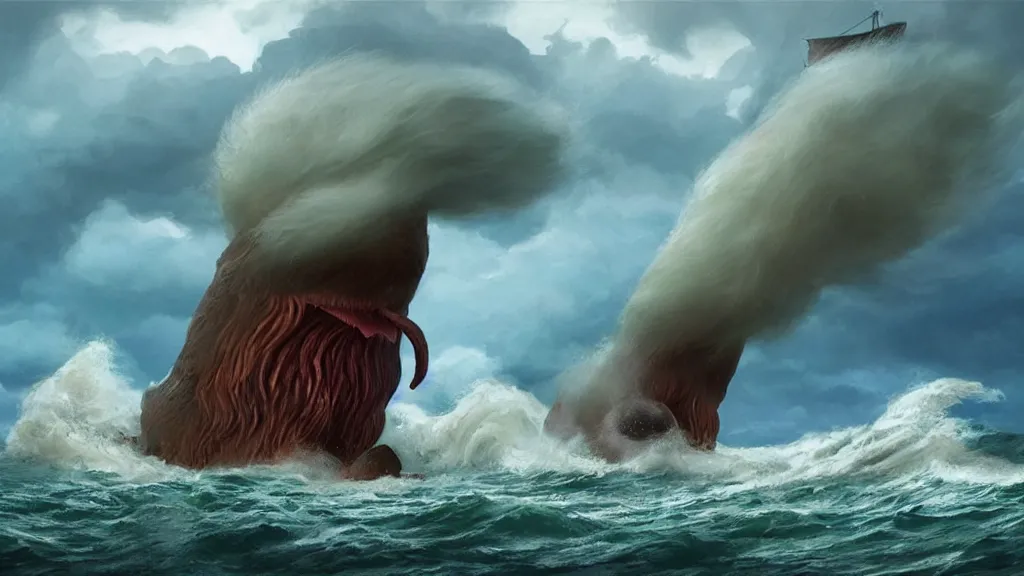 Image similar to a gigantic cat bursting out of a stormy sea attacking a small sail boat, wet fur, giant waves, sunbeams in background, intricate, detailed, volumetric lighting, sharp focus, scenery, photorealism, digital painting, highly detailed, concept art, by roger dean and simon stalenhag and mark brooks