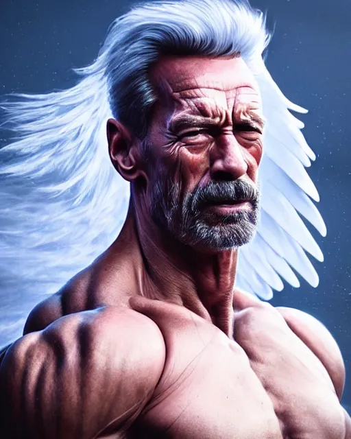 Image similar to Full potrait of Arnold Schwartchenegger as an angel, hyper realistic, prismatic highlights, atmosphere, gorgeous, depth of field, cinematic, macro, concept art, 50mm, artstation, wlop, elegant, epic, weta digital, focus, octane render, v-ray, 8k, kodak portra, art by Liberatore