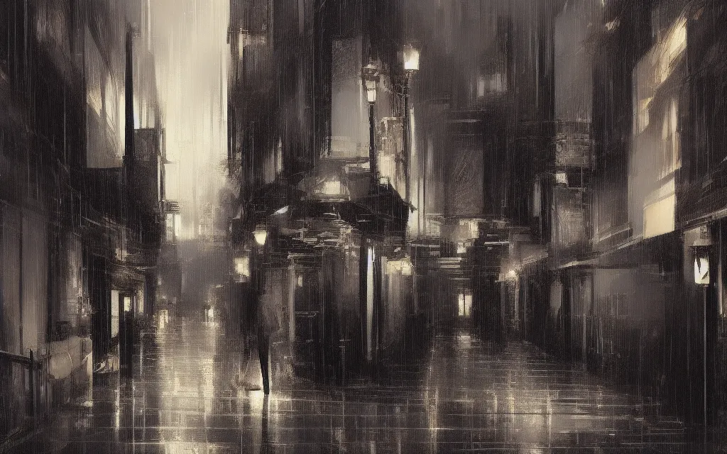 Prompt: concept art, dark wet london alley at night, by ashley wood, by roger deakins, in the style of syd mead and liam wong