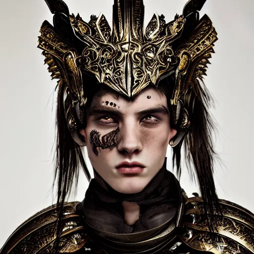 Prompt: a portrait of a beautiful young pagan male wearing an alexander mcqueen armor , photographed by andrew thomas huang, artistic