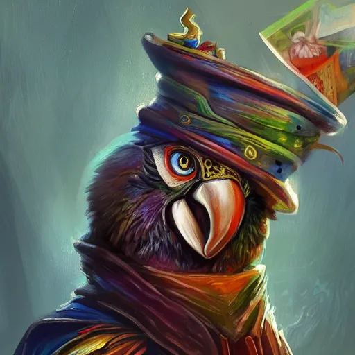 Image similar to Magic the gathering artwork of Anthropomorphized parrot trader in his shop, shelves full, selling a gem, portrait, items, magic potions, carpet, window, fancy funny hat, sly expression , cunning expression, cute expression, presenting magic gem, D&D, fantasy, cinematic lighting, highly detailed, digital painting, artstation, concept art, smooth, sharp focus, illustration, warm light, cozy warm tint, magic the gathering artwork, volumetric lighting, 8k, no gold, no gold colours, art by Akihiko Yoshida and Greg Rutkowski