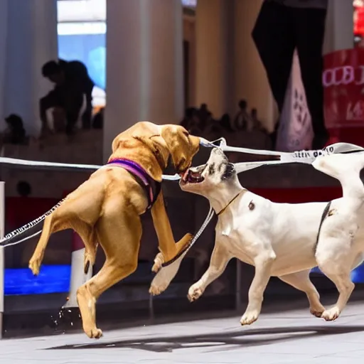 Prompt: dog fighting a man in Dubai mall