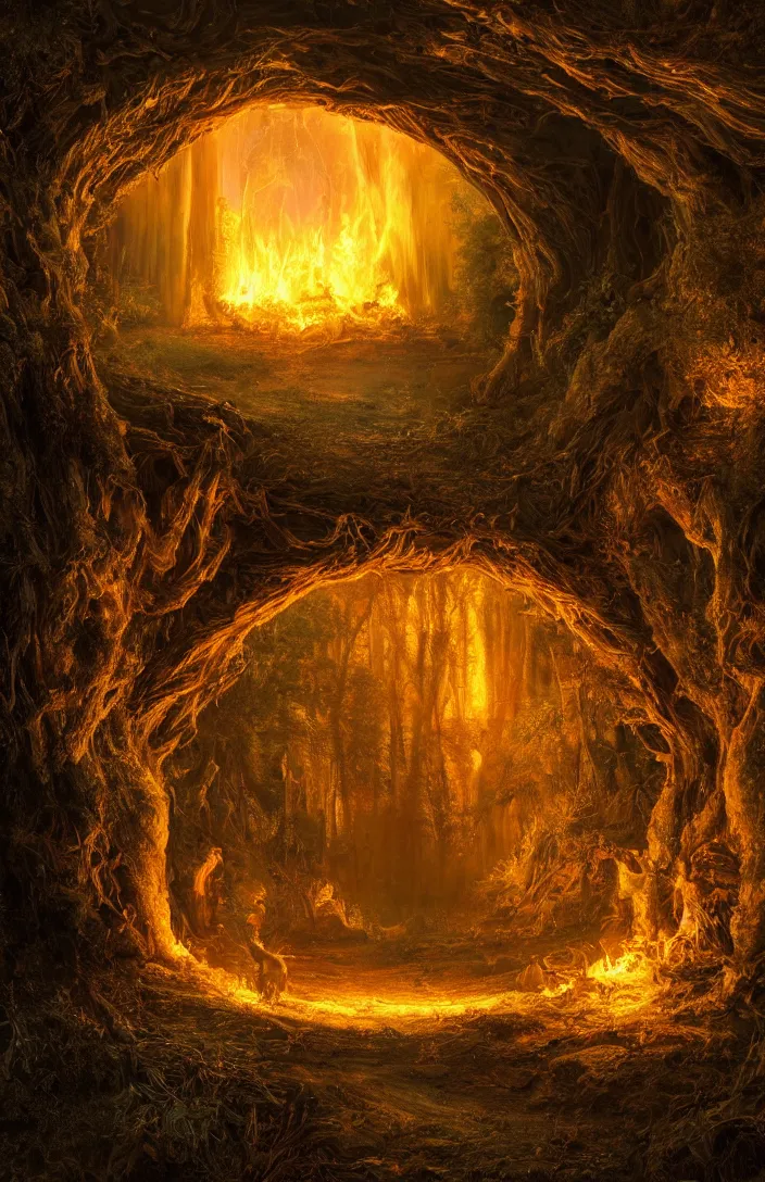 Image similar to a highly detailed glowing fire light portal within an austria landscape, detailed, hyperreal phantastic, intricate details in environment, luminance, golden ratio, high aestehtic, cinematic light dramatic light, godrays, distance, photobash, wideangle, terrence malick, hyperreal 4 k