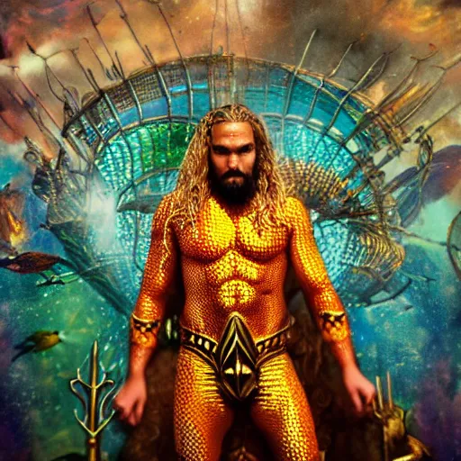 Prompt: intricate five star portrait of aquaman wearing his burning man festival costume, oil on canvas, hdr, high detail, photo realistic, hyperrealism, matte finish, high contrast, 3 d depth, centered, steampunk, tasteful colors, enhanced light effect, enhanced eye detail, artstationhd