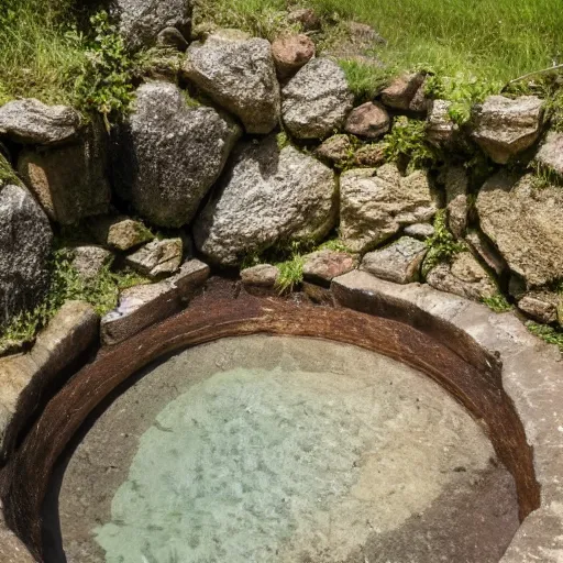 Image similar to A great round hole gaped in the side of a lofty stone wall, and from it came an unceasing drip, drip of water. The pool below was very wide and darkly deep, with secretive fish swimming in shadowed mystery, but never coming to the surface.