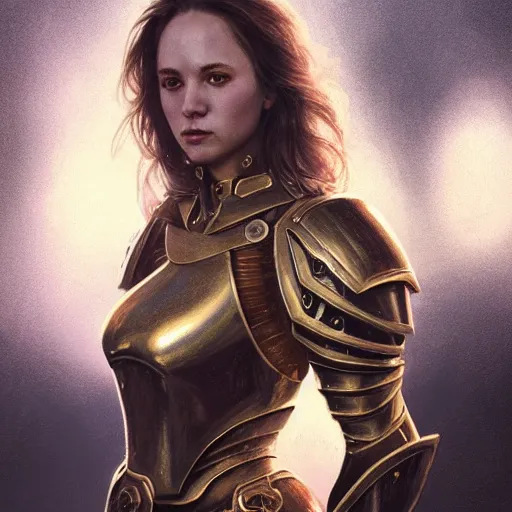 Image similar to attractive aesthetically pleasing young woman portrait, partially clothed in metal-plated battle armor, atmospheric lighting, painted, intricate, volumetric lighting, beautiful, golden hour, sharp focus, ultra detailed, by Leesha Hannigan, Ross Tran, Thierry Doizon, Kai Carpenter,Ignacio Fernández Ríos