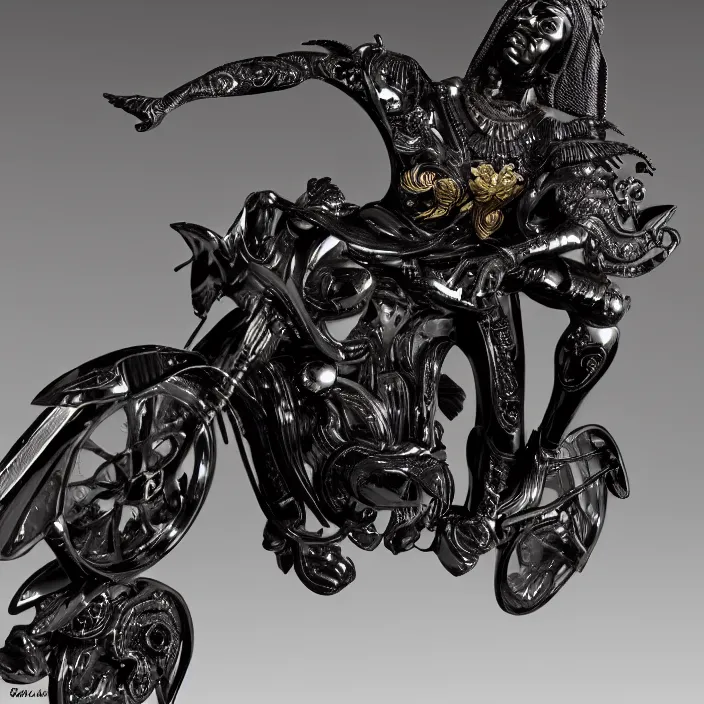 Prompt: fine art statue of masculine black egyptian man on a surrealist motorcycle, ebony art deco, carved black marble, inlaid with ebony and gold accents, ebony rococo, wings black lace wear, spider zero, zaha hadid, beautifully lit, hyper detailed, intricate, elite, ornate, photorealistic, micro details, 3 d sculpture, ray trace