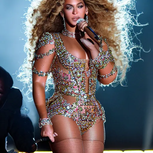 Image similar to Beyonce giving a concert, (EOS 5DS R, ISO100, f/8, 1/125, 84mm, postprocessed, crisp, facial features)