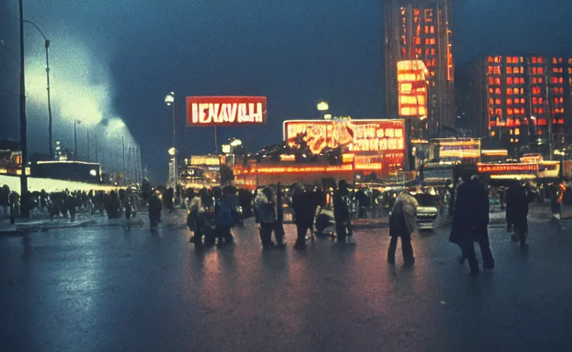 Prompt: 70s movie still of a sovietic street with pedestrians with soviet highrise in the backround , Cinestill 800t 18mm ektachrome color, heavy grainy picture, very detailed, high quality, 4k panoramic, HD criterion, dramatic lightning, neon billboards and streetlight at night, rain, mud, foggy, gigantic red lenin portrait on the wall, soviet flags