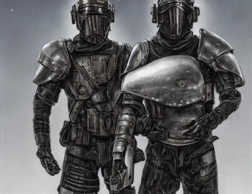 Image similar to a detailed portrait painting of a lone bounty hunter wearing combat armour and a reflective visor. Head and chest only. Dystopian. Dieselpunk elements. Movie scene, cinematic sci-fi scene. Flight suit, cloth and metal, accurate anatomy. Samurai influence, knight influence. fencing armour. portrait symmetrical and science fiction theme with lightning, aurora lighting. clouds and stars. Atmospheric. Futurism by moebius beksinski carl spitzweg moebius and tuomas korpi. baroque elements. baroque element. intricate artwork by caravaggio. Oil painting. Trending on artstation. 8k