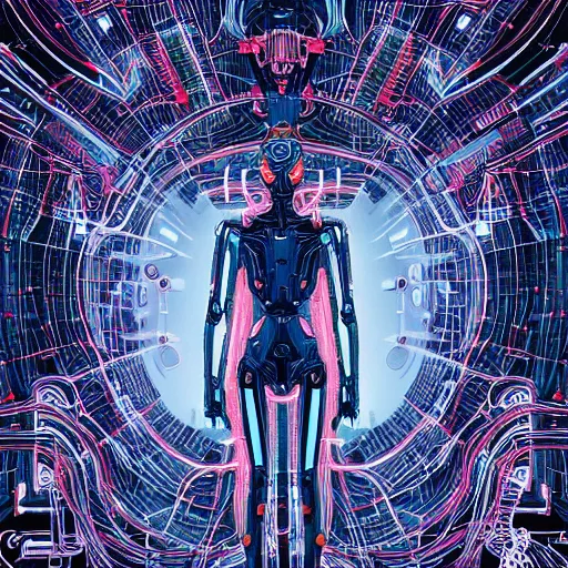 Image similar to a beautiful body of a bot pilot woman mostly made of wires and electronic circuits led luminous, an ultrafine detailed illustration by james jean, final fantasy, intricate linework, bright colors, behance contest winner, vanitas, angular, altermodern, unreal engine 5 highly rendered, global illumination, radiant light, detailed and intricate environment