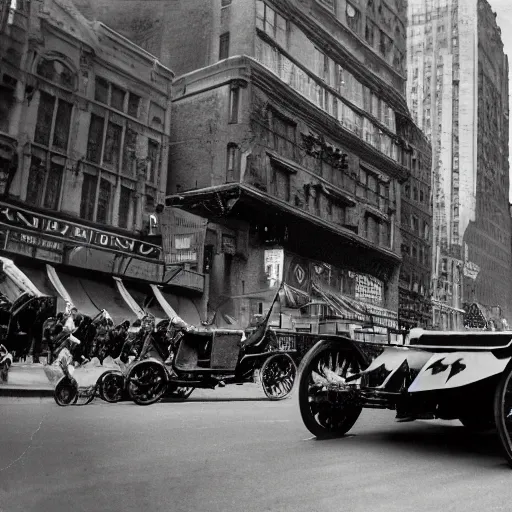 Image similar to old black and white photo, 1 9 1 3, depicting batmobile from dark knight rampaging through the bustling streets of new york city, rule of thirds, three - point perspective, historical record