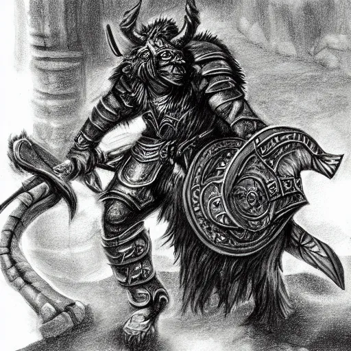 Image similar to detailed fantasy drawing, black furred Minotaur carrying a battle-ax in half plate armor, concept art