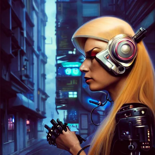 Image similar to Side view of a cyborg demon blond in cyberpunk headset and helmet on the street of a cyberpunk city, sci-fi, fantasy, intricate, very very beautiful, elegant, highly detailed, digital painting, artstation, concept art, smooth, sharp focus, illustration, art by artgerm and greg rutkowski and alphonse mucha