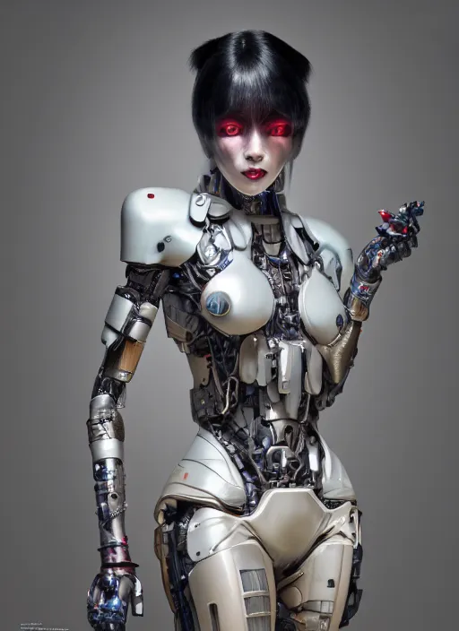 Image similar to portrait of a futuristic geisha cyborg, in the style of ghost in the shell, kintsugi, modern fine art, fractal, intricate, elegant, highly detailed, digital photography, subsurface scattering, by jheronimus bosch and greg rutkowski,