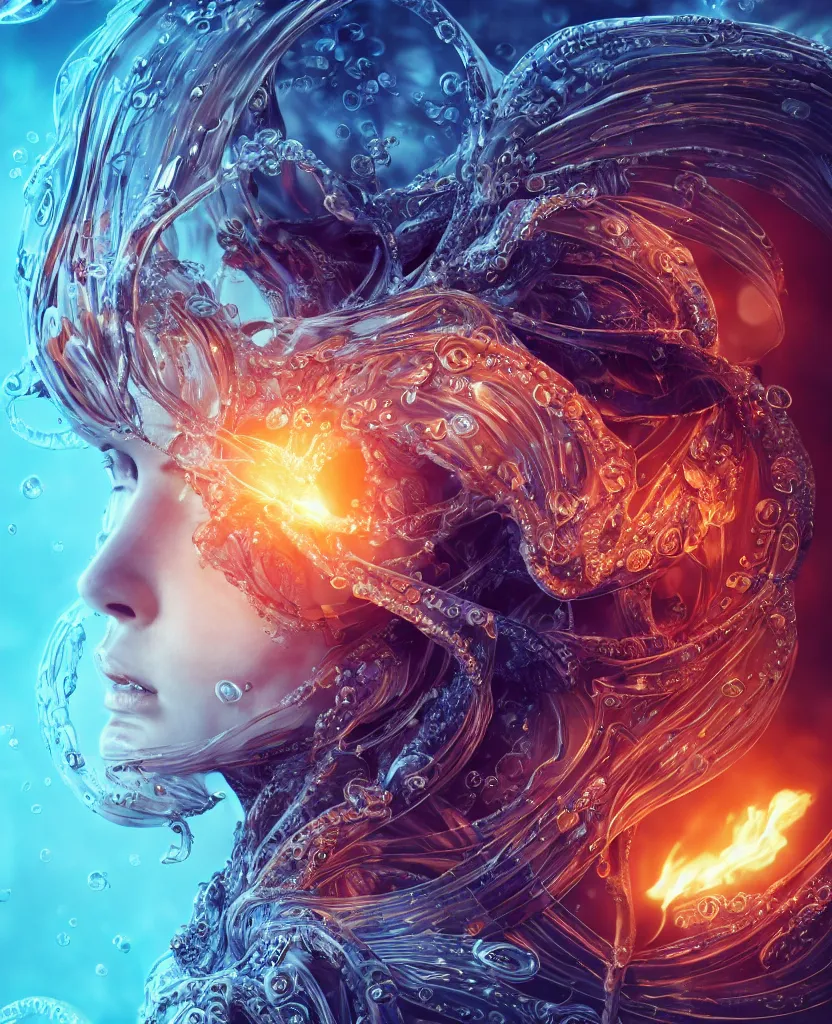 Prompt: close-up macro portrait of the face of a beautiful princess, epic angle and pose, symmetrical artwork, 3d with depth of field, blurred background, cybernetic jellyfish female face skull phoenix bird, translucent, nautilus, energy flows of water and fire. a highly detailed epic cinematic concept art CG render. made in Maya, Blender and Photoshop, octane render, excellent composition, cinematic dystopian brutalist atmosphere, dynamic dramatic cinematic lighting, aesthetic, very inspirational, arthouse. y Greg Rutkowski, Ilya Kuvshinov, WLOP, Stanley Artgerm Lau, Ruan Jia and Fenghua Zhong