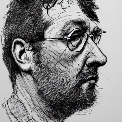 Prompt: a realistic yet scraggly portrait sketch of the side profile of a stern and sophisticated graham coxon, trending on artstation, intricate details, in the style of frank auerbach, in the style of sergio aragones, in the style of martin ansin, in the style of david aja, in the style of mattias adolfsson