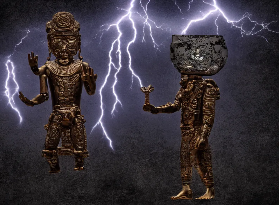 Prompt: Glowing futuristic cyborg levitating above ancient Mayan ritual during thunderstorm with lightning, the obsidian dagger raised high in the priests hands. Hidden meaning. Ultra high resolution, intricate details