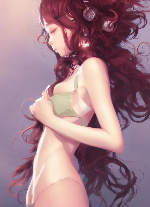 Image similar to portrait of a beautiful anime girl with curly brown hair listening to music, digital painting, trending on artstation, deviantart, artgem, perfect composition, ross draws, wlop