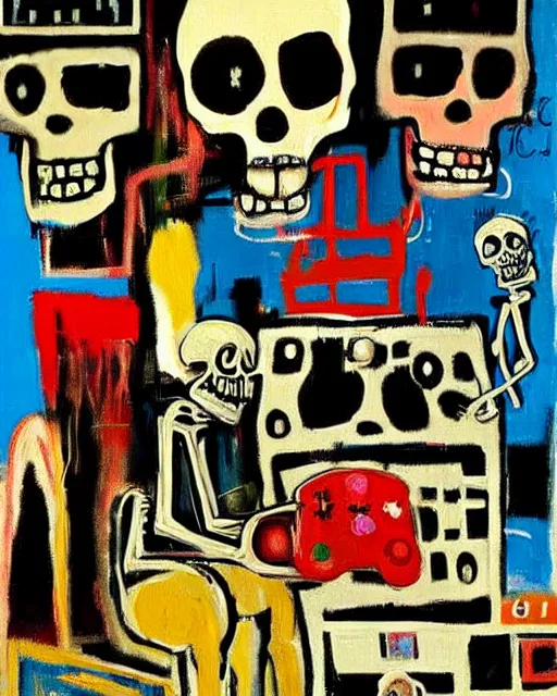 Image similar to oil neo expressionism painting of skull skeleton playing console video games infront of tv by basquiat and norman rockwell