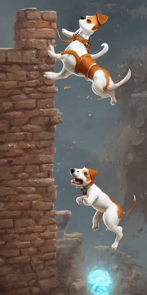 Image similar to adorable jack russel terrier jumping over a brick wall, fantasy art, artstation character design contest winner, trending on cgsociety, concept art, speedpaint, beautiful digital art, jesper ejsing, james jean, justin gerard, fenghua zhong, makoto shinkai, highly detailed