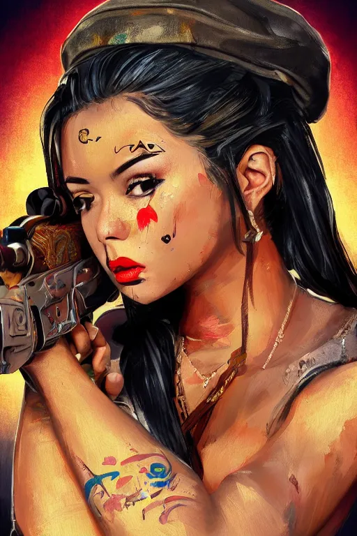 Image similar to painting of a gangster girl with guns, cute face, intricate, highly detailed, digital painting, official media, concept art, rich vivid colors, ambient lighting, sharp focus, illustration