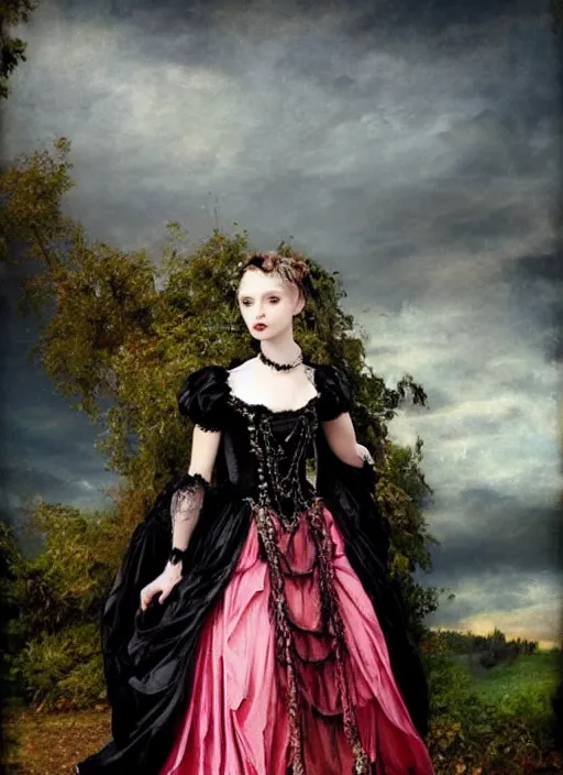 Image similar to gothic princess in baroque dress in a scenic environment. by * * henriette ronner * *