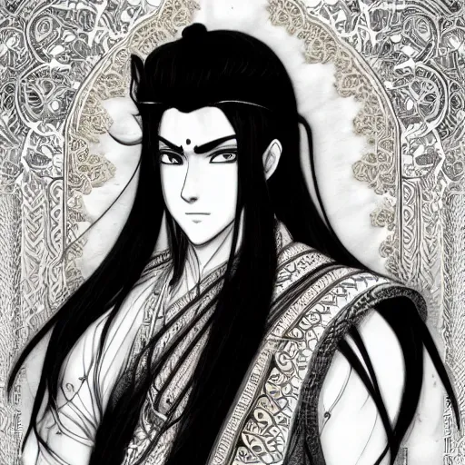 Image similar to an indian immortal xianxia cultivator with long black hair as an absurdly handsome, elegant, young anime man, ultrafine hyperrealistic detailed face illustration by kim jung gi, irakli nadar, intricate linework, sharp focus, bright colors, matte, gujian, final fantasy, unreal engine highly rendered, global illumination, radiant light, intricate environment