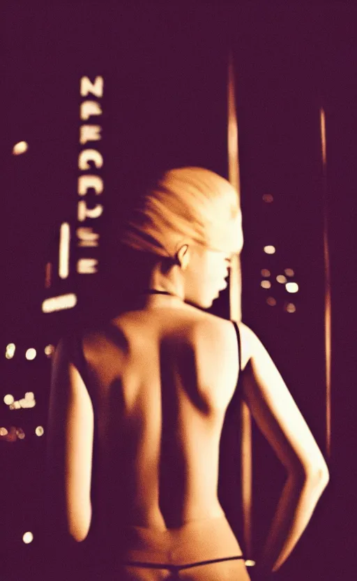 Image similar to portrait back of realistic girl in 7 0's retro club, editorial, fashion, window, realistic, vintage, night, blade runner, dark, clean lines, asian futuristic city in distance, cinematic angle