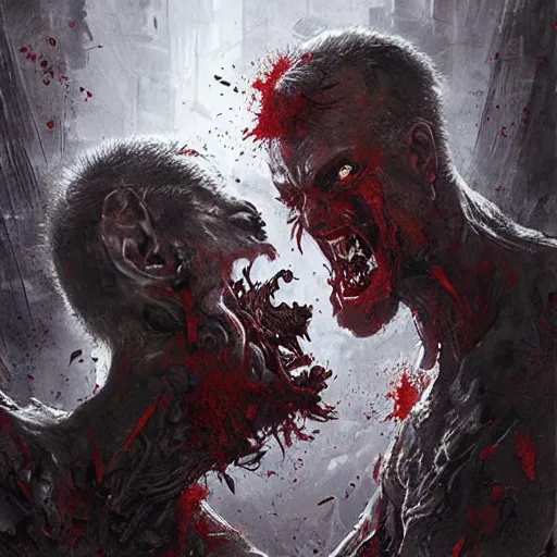 Prompt: two angry zombie men tearing off each other's heads, intricate, art by greg rutkowski, high detailed, 4 k,