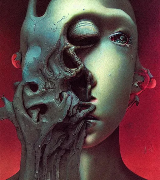 Image similar to portrait of girl melting with machine by wayne barlowe and zdislaw beksinski