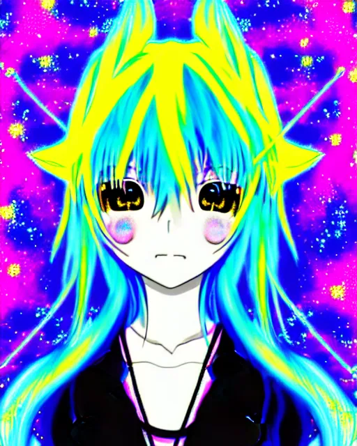 Image similar to neo tokyo japanese anime kawaii decora hologram of rimuru tempest, sky blue hair, golden yellow eyes, wearing black stylish clothing, holography, irridescent, baroque visual kei glitch art