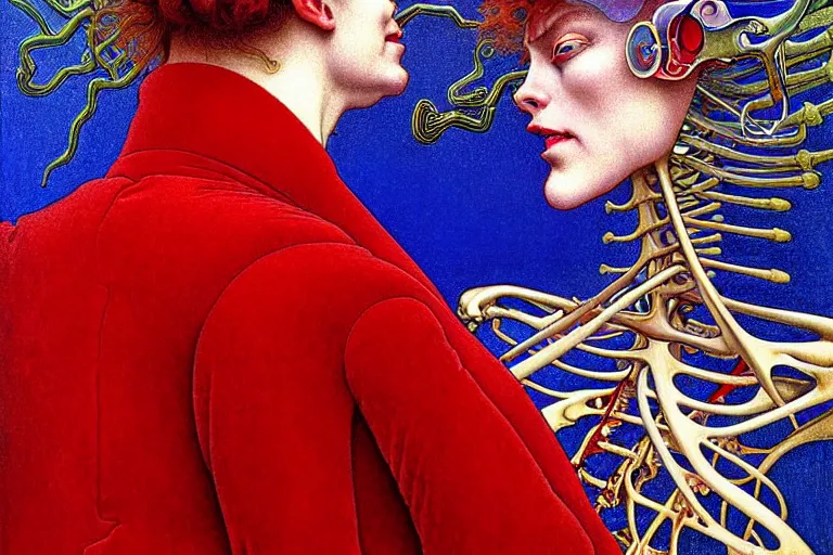 Image similar to realistic detailed closeup portrait painting of a single skeleton wearing red velvet blazer in a crowded futuristic moscow street by Jean Delville, Amano, Yves Tanguy, Alphonse Mucha, Ernst Haeckel, Edward Robert Hughes, Roger Dean, rich moody colours, blue eyes