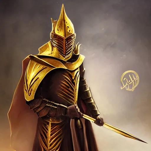 Prompt: a very elegant fantasy portrait of a fantasy knight and a gold colored wizard robe made of dragon scaled mixture, medieval armor, pointy, the red glows coming through the knight helmet, a mixture of pen and pencil, digital art, character design, d & d character, heavy shading, master of fantasy art