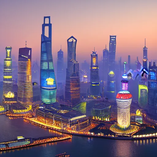 Prompt: a panoramic view of shanghai evening