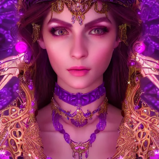 Image similar to portrait princess of amethyst, glowing, ornate and intricate purple jewelry, jaw dropping beauty, glowing background lighting, purple accent lighting, hyper detailed, fairy tale, 4 k octane render