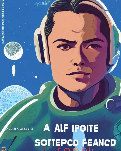 Image similar to a headshot head shot portrait of Alain Delon twins pilot in spacesuit on field forrest spaceship station landing laying lake artillery outer worlds shadows in FANTASTIC PLANET La planète sauvage animation by René Laloux